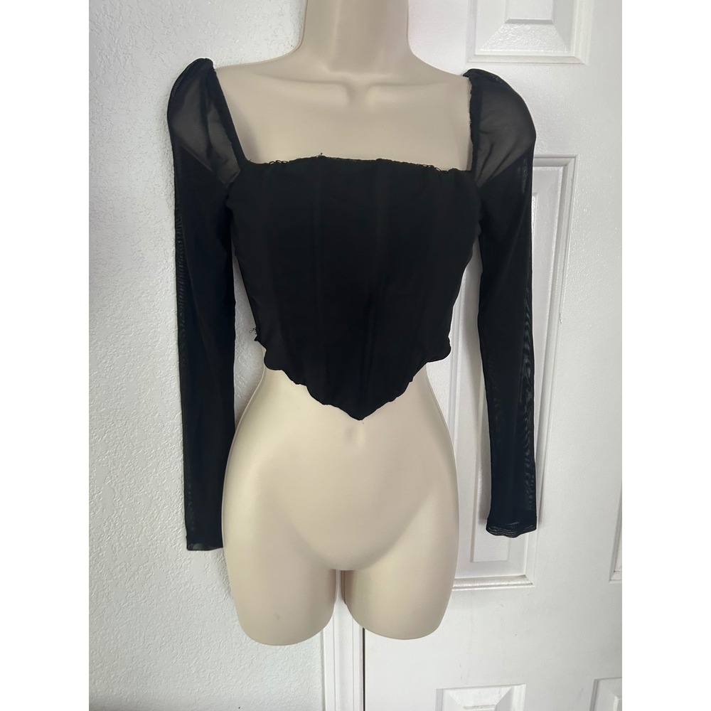 Princess Polly Black Corset Top Sheer Mesh Long Sleeve Boned Bodice US 4